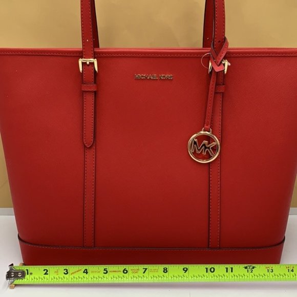 MICHAEL KORS JET SET TRAVEL LARGE TOP ZIP SHOULDER TOTE LEATHER BAG RED  FLAME